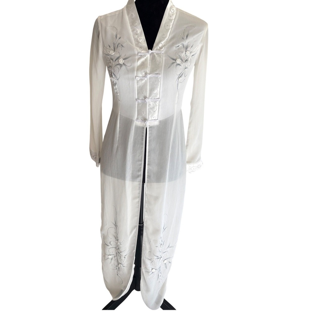 Unbranded Longline Chiffon Tunic Womens 2 White Embroidered Frog Closure Blouse